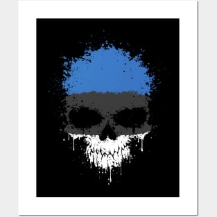 Chaotic Estonian Flag Splatter Skull Posters and Art